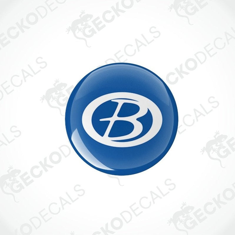 blue vinyl decals with a white 'B' logo, dome-shaped with a glossy finish.