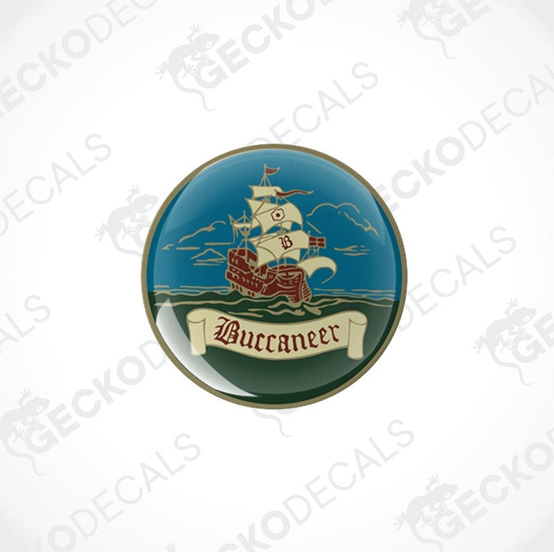 round epoxy decals with a pirate ship and the word 'Buccaneer' printed on them.