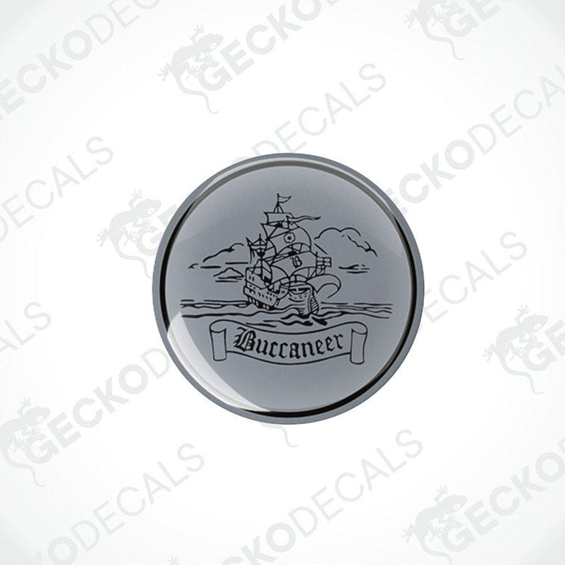 round black and white vinyl decals with the word 'Buccaneer' and an illustration of a ship.