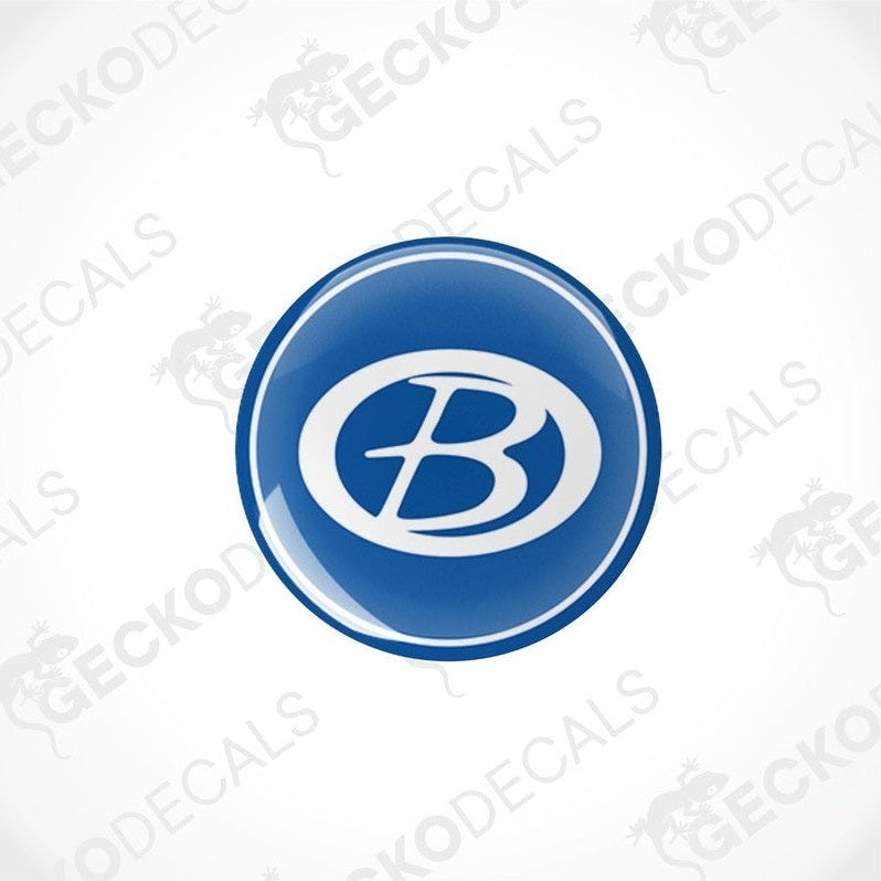  blue vinyl decals with a white 'B' logo, dome-shaped with a glossy finish.