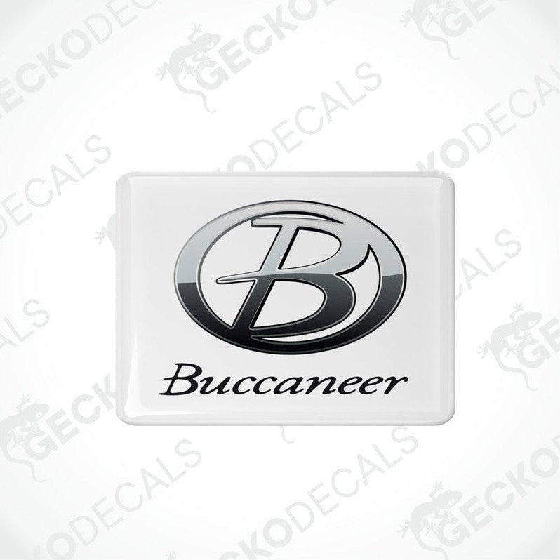 square-shaped black and white vinyl decals with the word 'Buccaneer' and the Buccaneer logo on them.