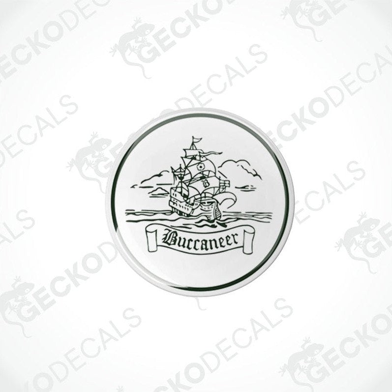 round white vinyl decals with polyurethane coating featuring the word 'Buccaneer' and an illustration of a pirate ship.