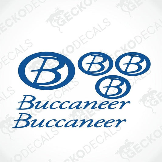 A set of blue 'Buccaneer' brand stickers in various sizes, designed for use on vehicles.