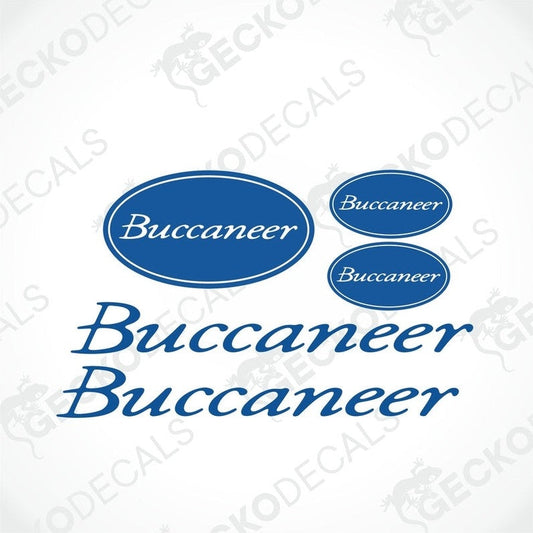 A set of blue 'Buccaneer' brand stickers in various sizes, designed for use on vehicles.