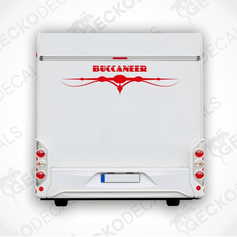 A white recreational vehicle with a red 'BUCCANEER' brand decal on the back.