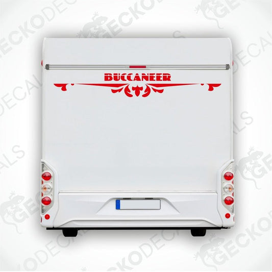 A white caravan with a red and black 'BUCCANEER' decal on the rear side.