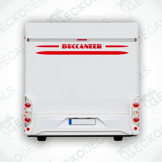 A white caravan decal with the word 'BUCCANEER' and a red stripe design.
