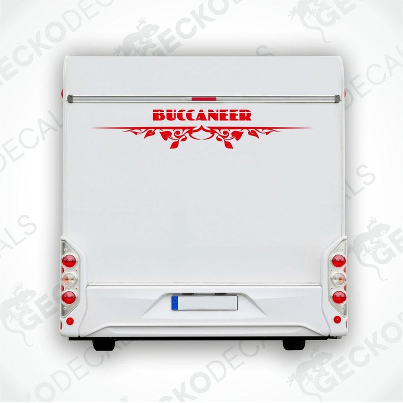 A white caravan with a red and black 'BUCCANEER' decal on the rear side.