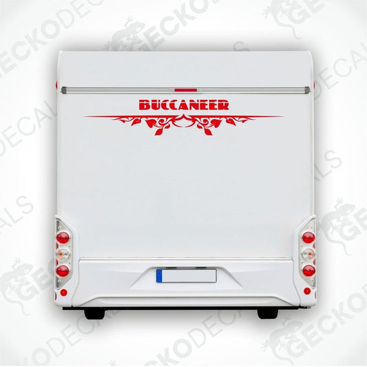 A white caravan with a red and black 'BUCCANEER' decal on the rear side.