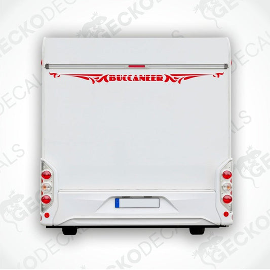 A white caravan with a red 'BUCCANEER' decal on the rear side.