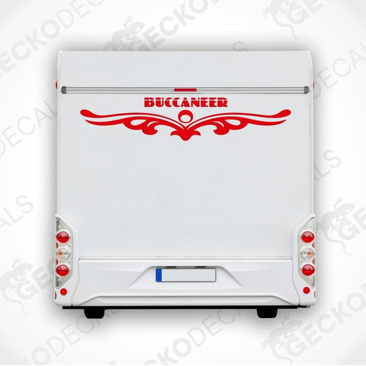 A white caravan with a red and black 'BUCCANEER' decal on the rear side.