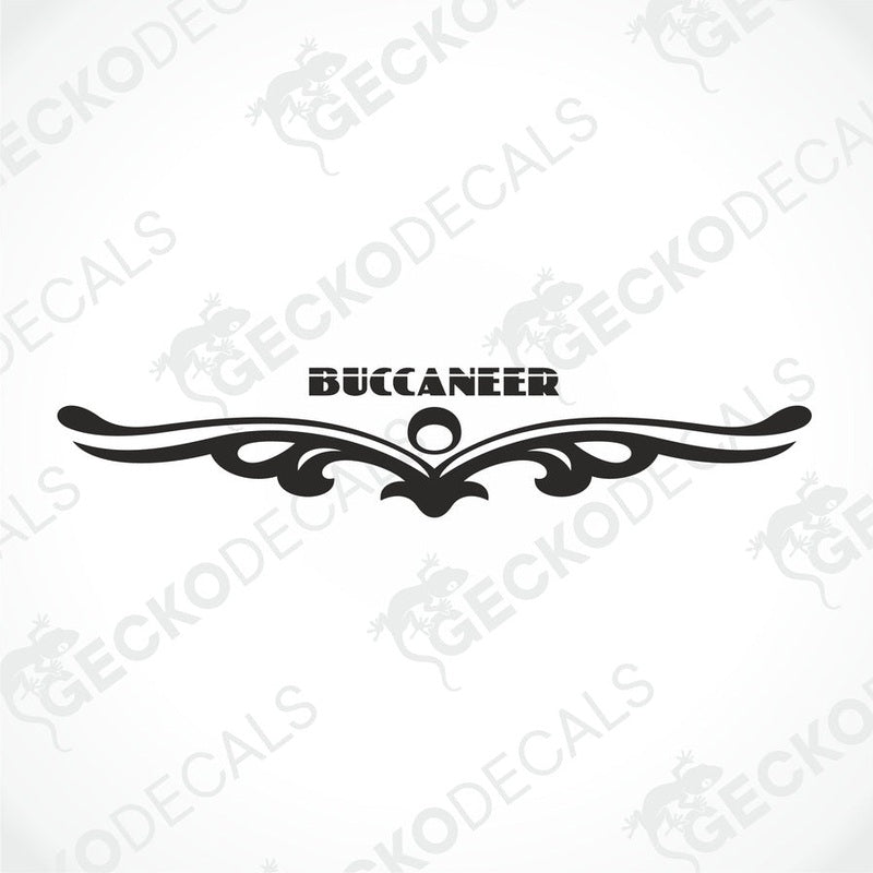 A white caravan with a red and black 'BUCCANEER' decal on the rear side.