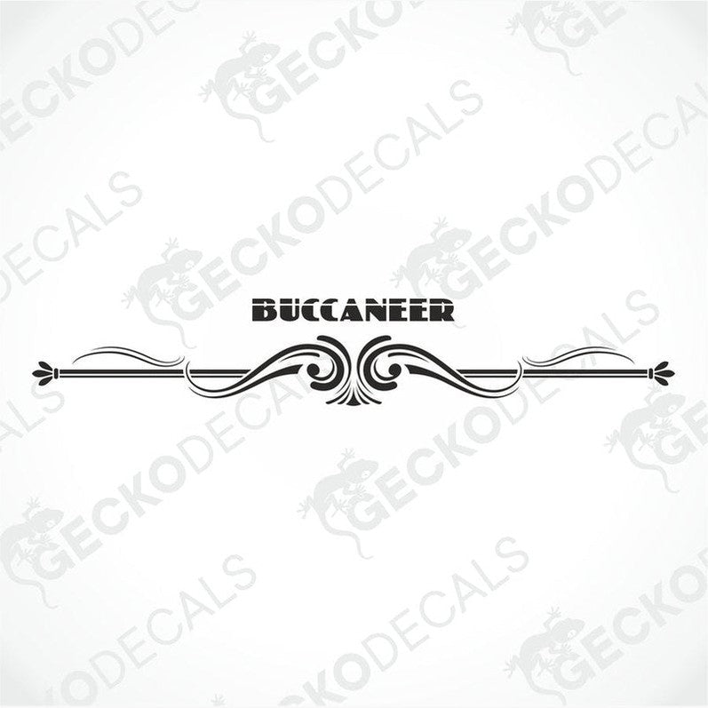 A die cut sticker depicting the word 'BUCCANEER' in capital letters, placed on the rear of a white vehicle, surrounded by red decorative elements.