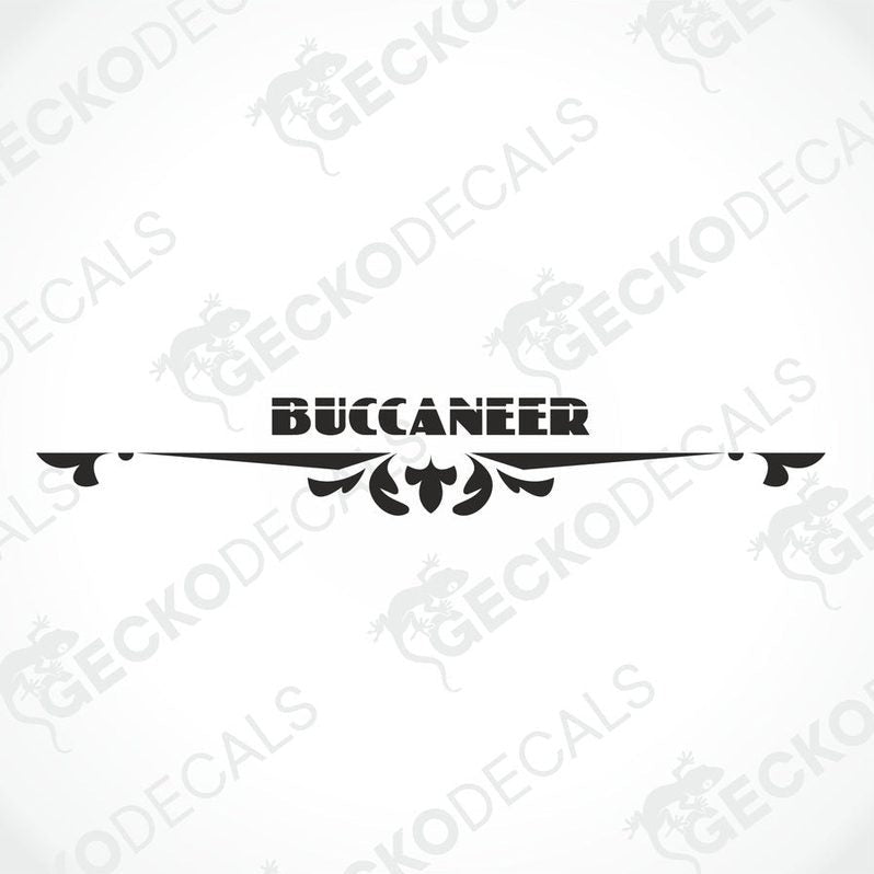 A white caravan with a red and black 'BUCCANEER' decal on the rear side.