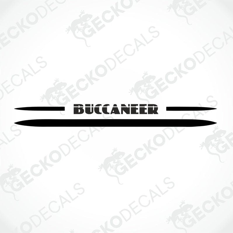 A white caravan decal with the word 'BUCCANEER' and a red stripe design.
