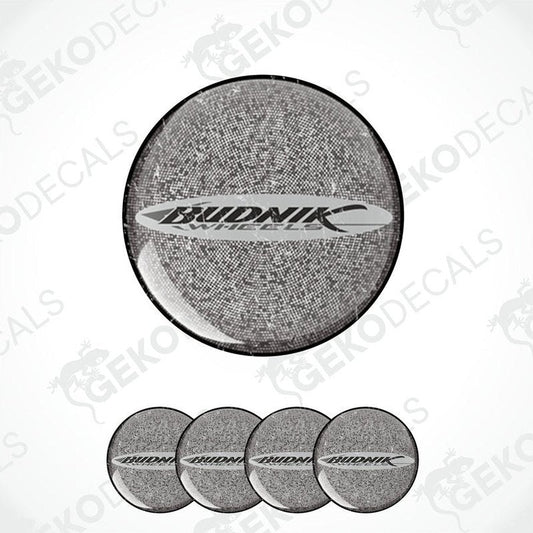 A set of vinyl decals with 'BUDNIK' branding and a speckled grey appearance, including four circular decals of varying sizes.