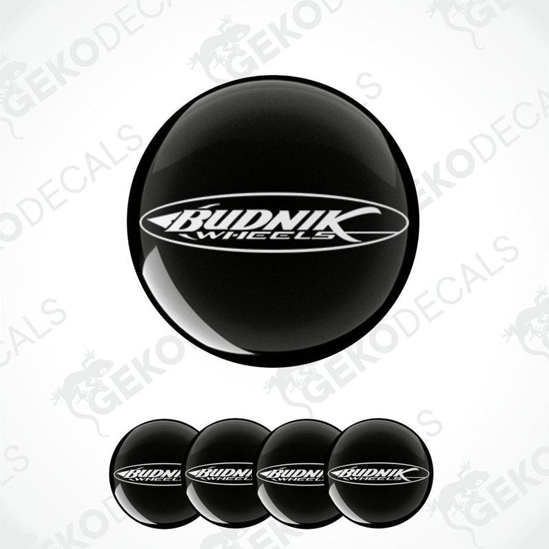 A set of four black vinyl decals with the 'Budnik Wheels' logo in white.