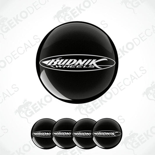 A set of four black vinyl decals with the 'Budnik Wheels' logo in white.