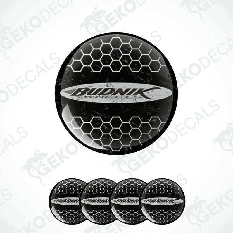 A set of four black vinyl decals with the 'Budnik Wheels' logo in white.