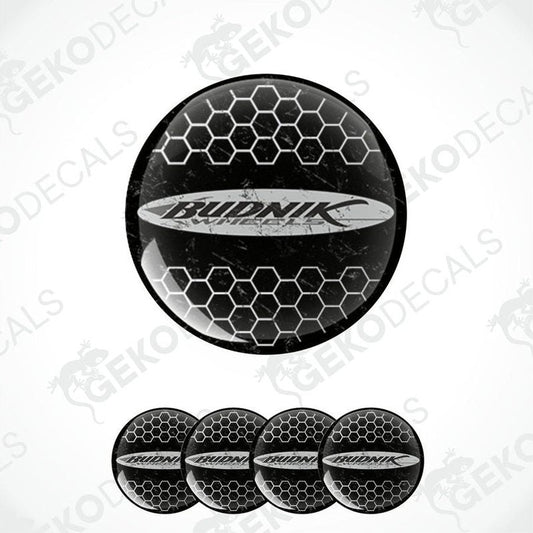 A set of four black vinyl decals with the 'Budnik Wheels' logo in white.