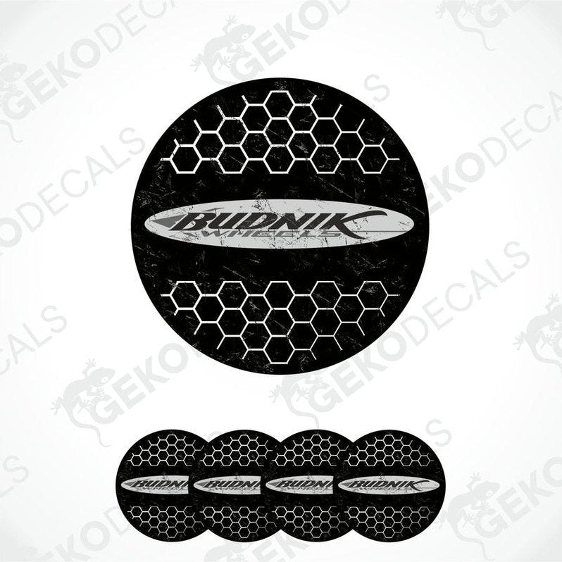 A set of four black vinyl decals with the 'Budnik Wheels' logo in white.