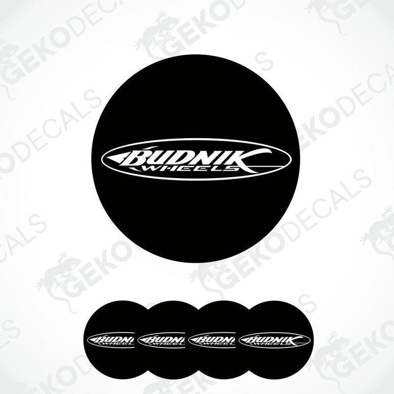 A set of four black vinyl decals with the 'Budnik Wheels' logo in white.