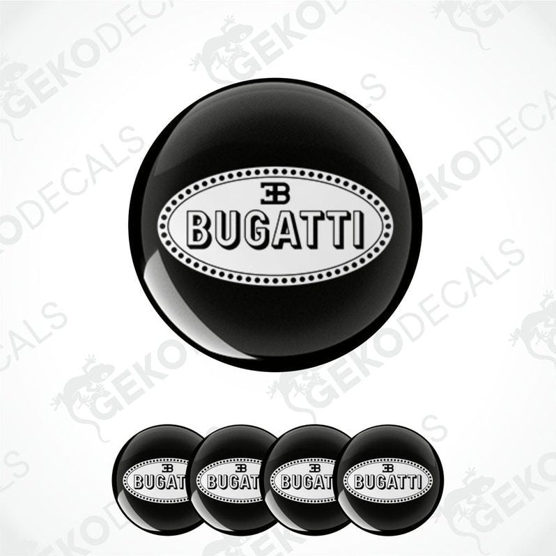 A set of four black vinyl decals with the white 'BUGATTI' brand logo.