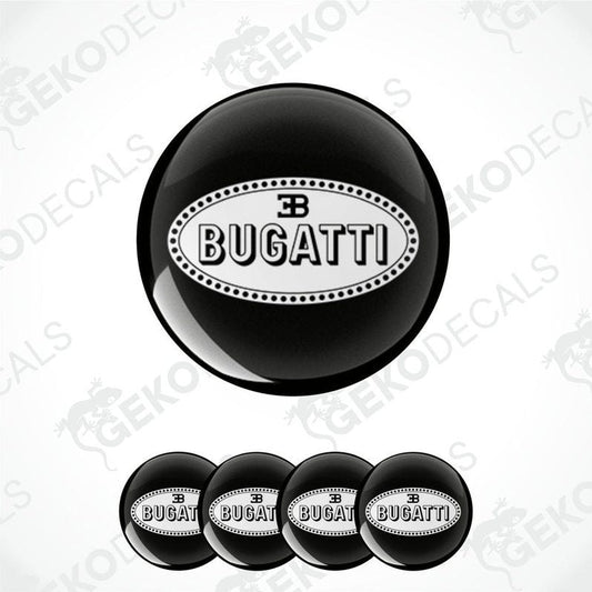 A set of four black vinyl decals with the white 'BUGATTI' brand logo.