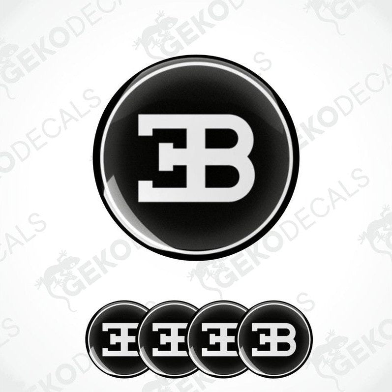 A set of four black vinyl decals with the white 'BUGATTI' brand logo.