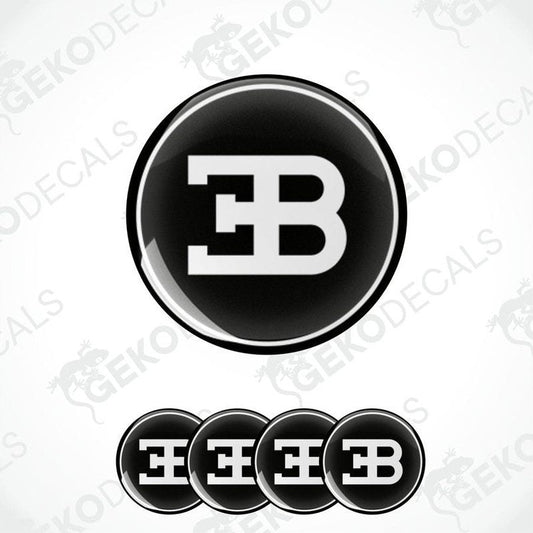 A set of four black vinyl decals with the white 'BUGATTI' brand logo.