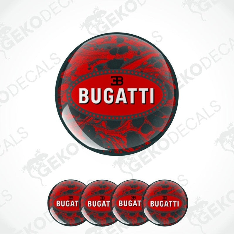 A set of red, black, and white BUGATTI brand car decals.