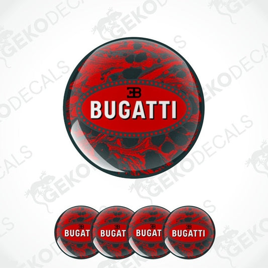 A set of red, black, and white BUGATTI brand car decals.