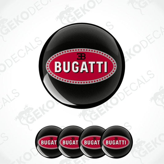 A set of four black vinyl stickers with the word 'BUGATTI' in red and white design.