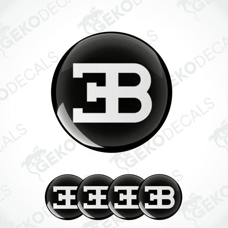 A set of four black vinyl decals with the white 'BUGATTI' brand logo.