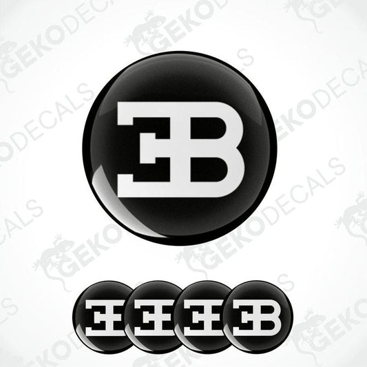 A set of four black vinyl decals with the white 'BUGATTI' brand logo.