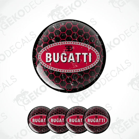 A set of four round vehicle decals with a geometric pattern and the name 'BUGATTI' in capital letters in the center.