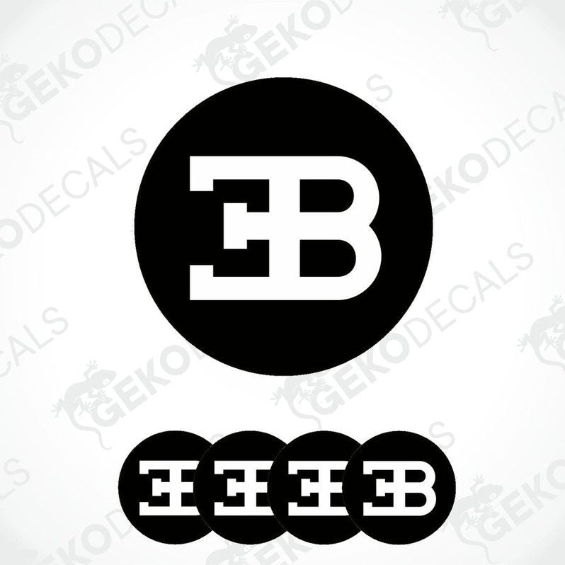 A set of four black vinyl decals with the white 'BUGATTI' brand logo.