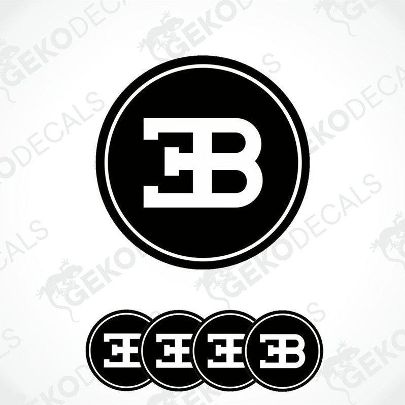 A set of four black vinyl decals with the white 'BUGATTI' brand logo.