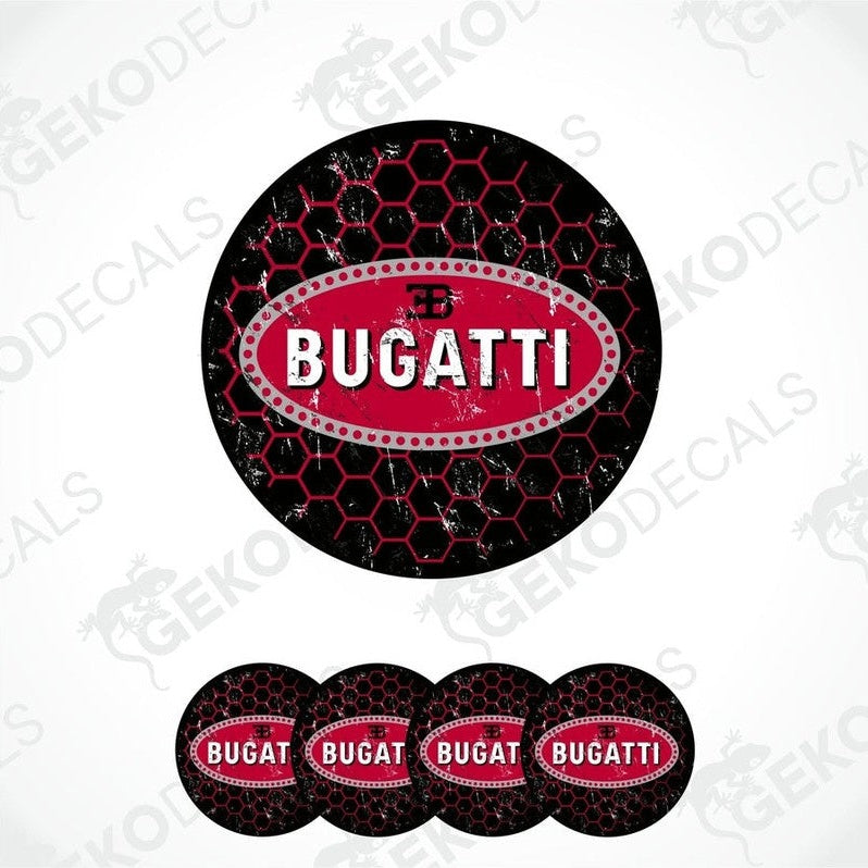 A set of four round vehicle decals with a geometric pattern and the name 'BUGATTI' in capital letters in the center.