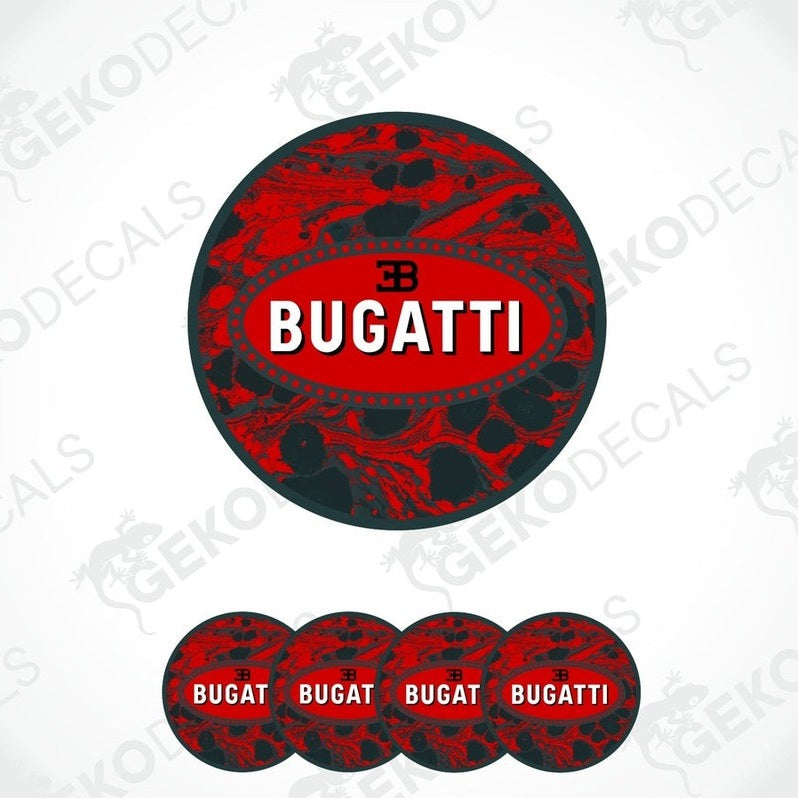 A set of red, black, and white BUGATTI brand car decals.