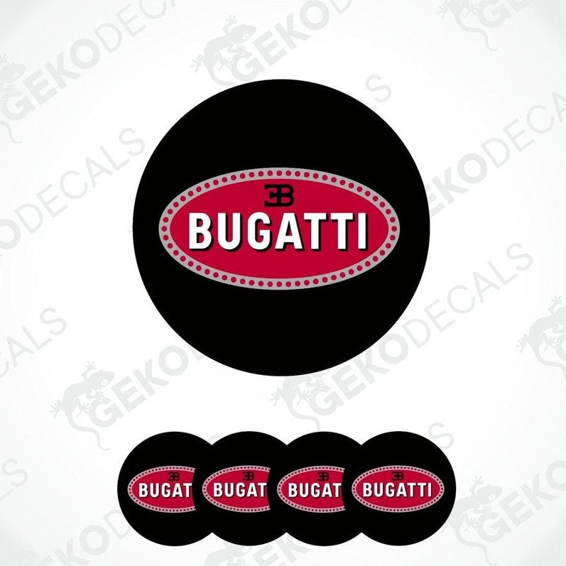 A set of four black vinyl stickers with the word 'BUGATTI' in red and white design.