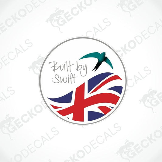 A round decal with a blue, white, and red design featuring the text 'BUILT BY SWIFT' and a graphic of a bird with a British flag in the background.