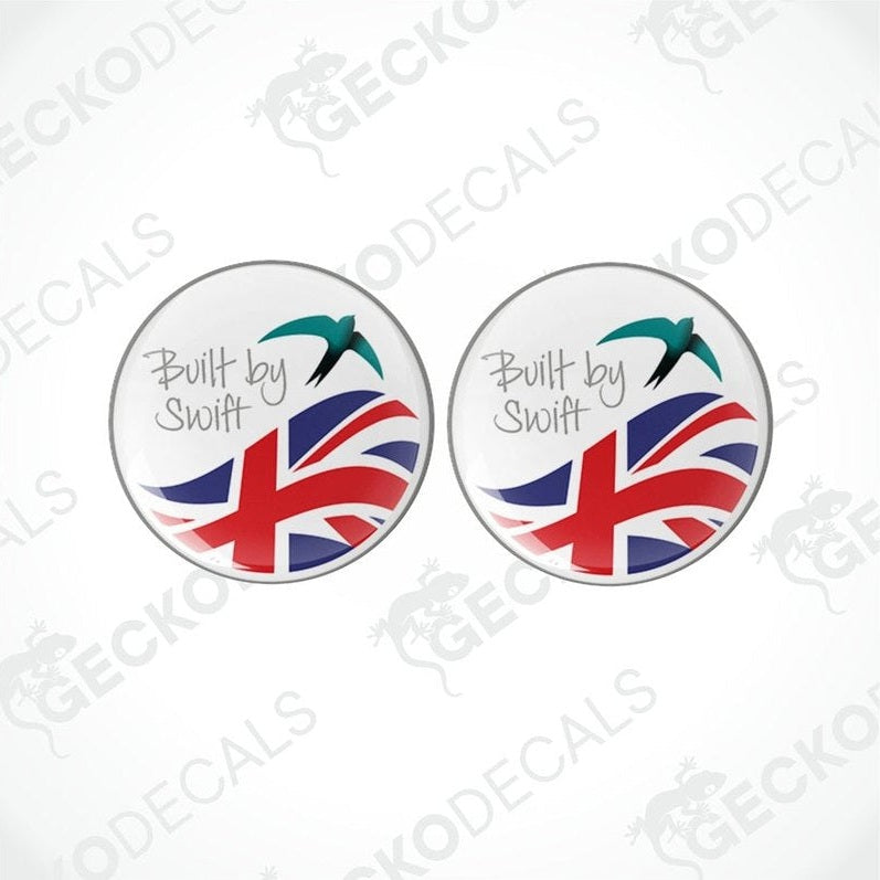 Two round vinyl stickers with a design representing the brand 'GECKODECALS', featuring a British flag, a stylized bird, and the text 'BUILT BY SWIFT'.