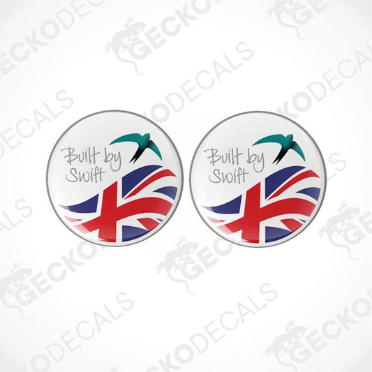 Two round vinyl stickers with a design representing the brand 'GECKODECALS', featuring a British flag, a stylized bird, and the text 'BUILT BY SWIFT'.