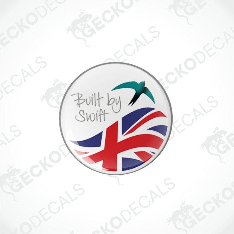 Two round vinyl stickers with a design representing the brand 'GECKODECALS', featuring a British flag, a stylized bird, and the text 'BUILT BY SWIFT'.