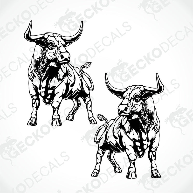 Two black and white bull decals designed for use on vehicles or equipment.