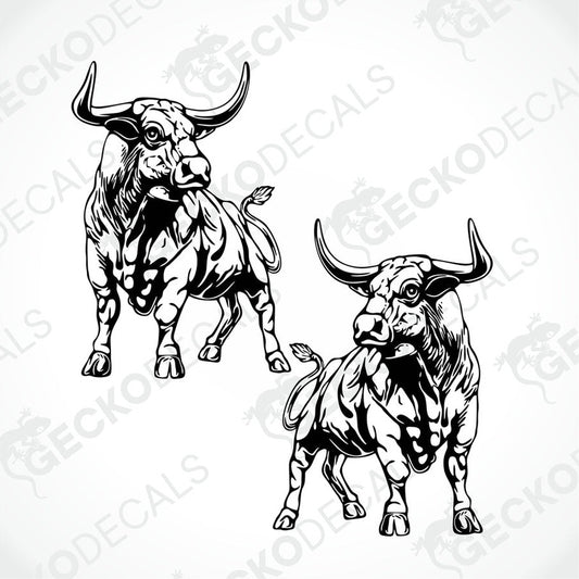 Two black and white bull decals designed for use on vehicles or equipment.