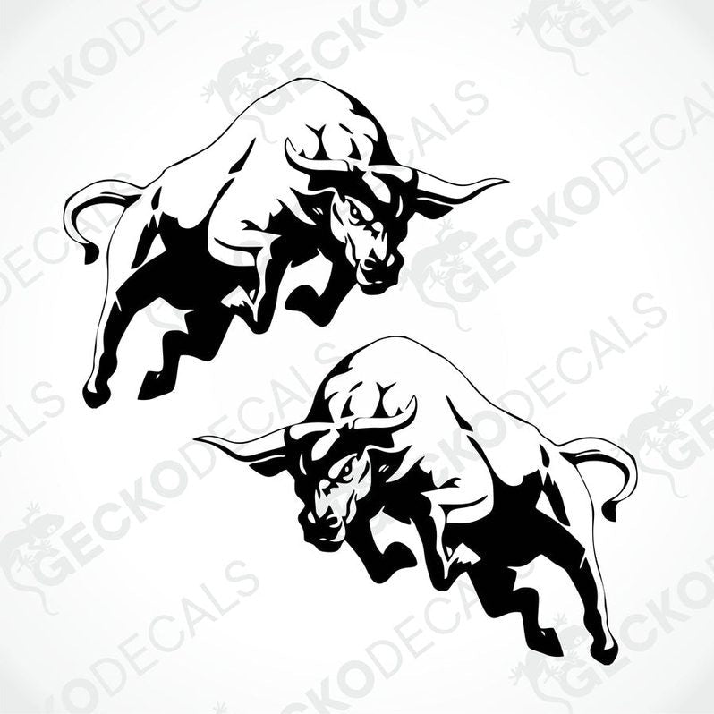 Two black and white bull decals designed for use on vehicles or equipment.
