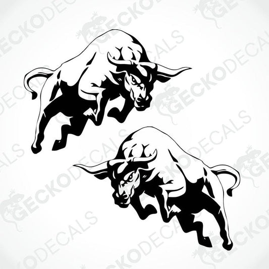 Two black and white bull decals designed for use on vehicles or equipment.