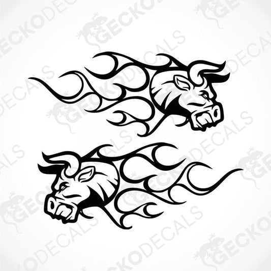 Two black and white decals of tribal bull designs with flame-like patterns around them.